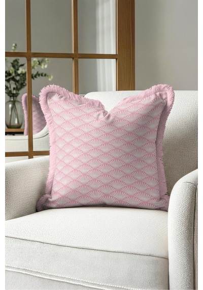 Art Deco Yelpaze Motifli Saçaklı Yastık Kılıfı - Zarif Geometrik Krem Pembe Püsküllü Kırlent Kılıfı Beyaz