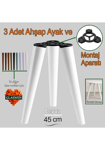 3 Adet Ahşap Ayak 45 Cm Beyaz M8 Civatalı Bağlantı Aparatlı Mobilya Tabure Sehpa Masa Destek Ayağı Beyaz