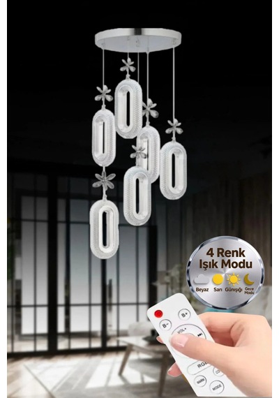 LumiaLighting Eclipse Model 6'lı Gümüş Kumandalı 3 Renk Modu Ledli Kristal Taşlı Modern Salon Mutfak Oturma Odası Led Avize