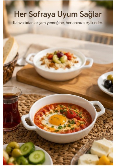 Çift Kulplu Beyaz Porselen Fırın Kabı Ve Servis Kasesi 12x15 Cm - Kahvaltılık Meze Ve Sufle Güveç Tabağı