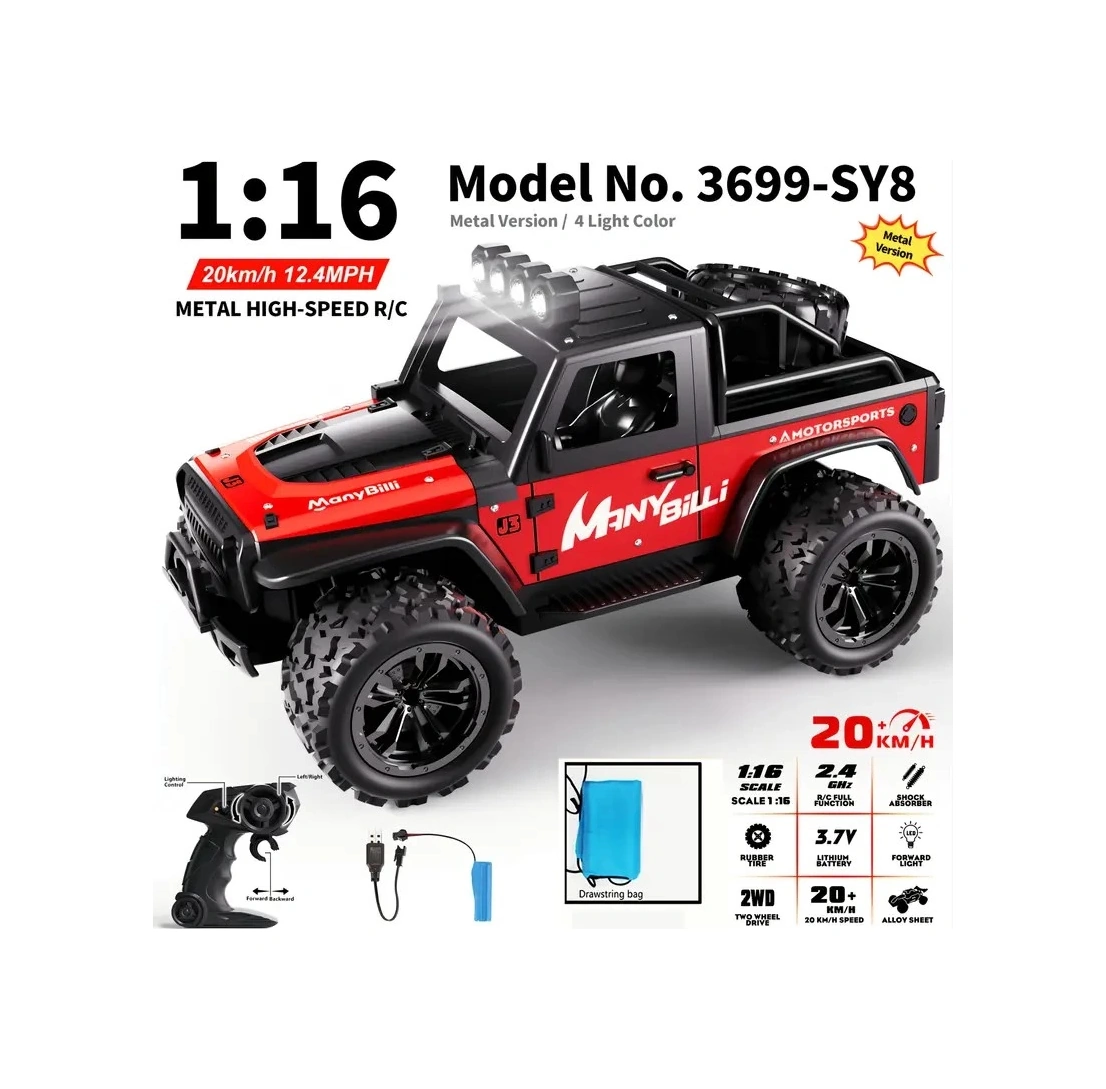 1:16 Off Road Şarjlı Rc Uzaktan Kumandalı Renkli Farlar Kırmızı Arazi Aracı 20 Km/s Hızında Hediyeli