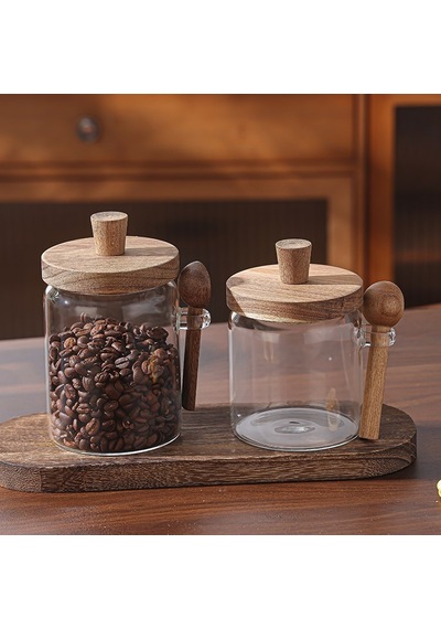 Qerhome 2'li Borosilikat Cam Akasya Kapaklı Ve Akasya Kaşıklı Cam Kavanoz Seti 450 Ml - 550 Ml Şeffaf