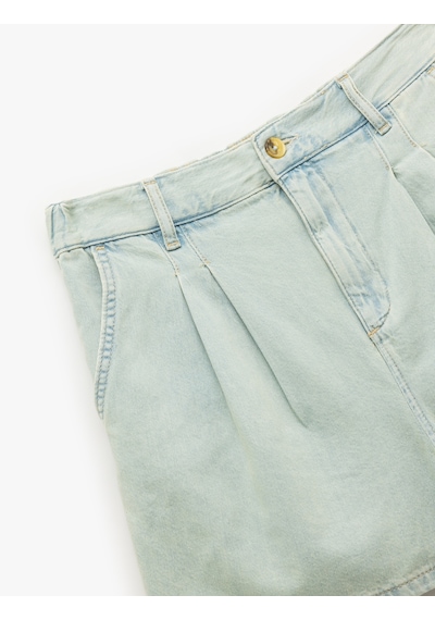 Koton Normal Bel Pileli Düğmeli Cepli Rahat Kalıp Mini Denim Şort Açık İndigo 5sal40006md Açık İndigo