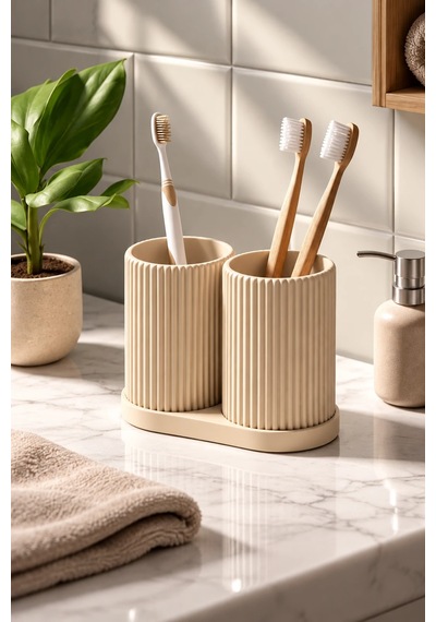 Modern Banyo Organizeri Ve Çok Amaçlı Diş Fırçası Tutucu Bej