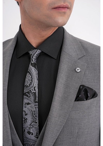 Efor Slim Fit Çift Yırtmaç Ekoseli Esnek Yünlü Yelekli Klasik Füme Takım Elbise Tk 934 Füme