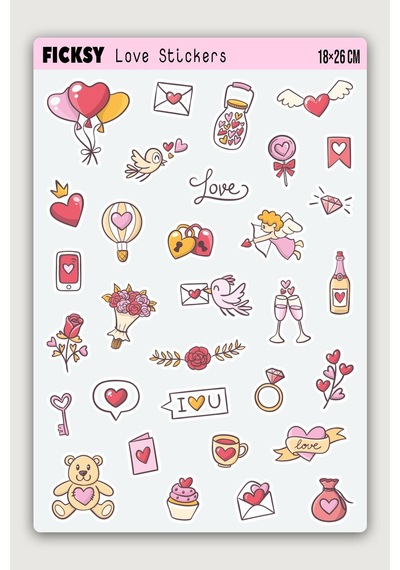 Doodle Stili Aşk, Sevgi, Kalp Ve Sevgililer Günü Temalı Sticker Seti - 32 Adet Etiket Çıkartma Diğer