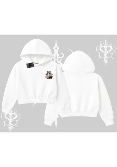 Need Coffee Right Meow Yazılı Kedi Baskılı Kapşonlu Crop Sweatshirt Beyaz