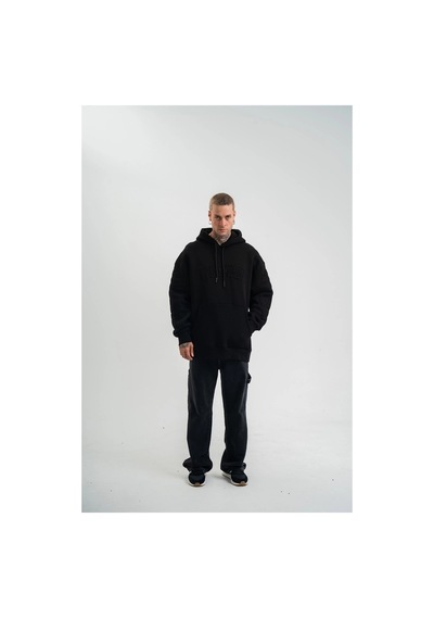 Erkek 3 İplik Pamuklu Oversize Kapüşonlu Nakışlı Hoodie Sweatshirt - Siyah