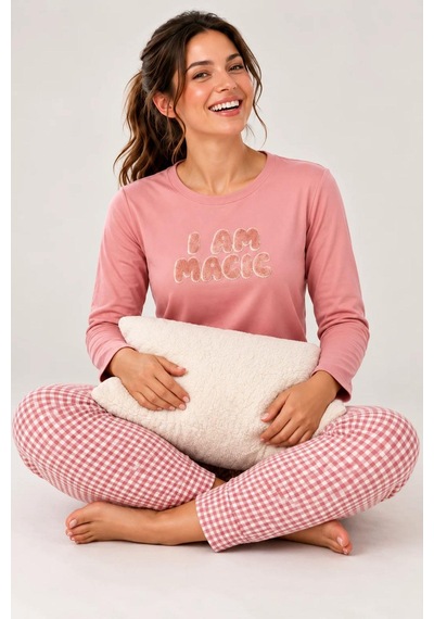 Gd Goldoremi Kadın Likralı Termal Kumaş Manşetli Uzun Kollu Pijama Takımı PEMBE