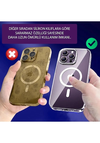 Apple Uyumlu iPhone 15 Pro Max Kılıf Sararmaz Sert Şeffaf Magsafe Özellikli