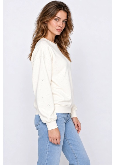 Mevese Yaldız Baskılı Zincirli Ve Fularlı Kadın Oversize Modal Sweatshirt- Beyaz