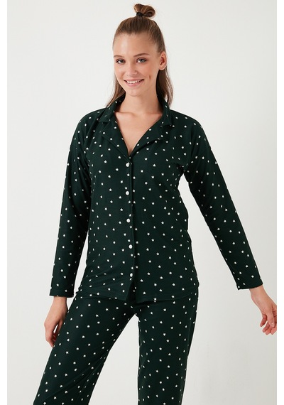 Lela Streç Standart Fit Düğmeli Bayan Pijama Takımı 60956601 Yeşil