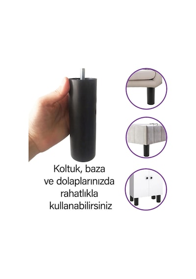 Silindir Destek Ayağı 15 Cm Siyah Gizli Ayak M8 Civatalı Incediş Mobilya Kanepe Baza Koltuk Siyah Diğer