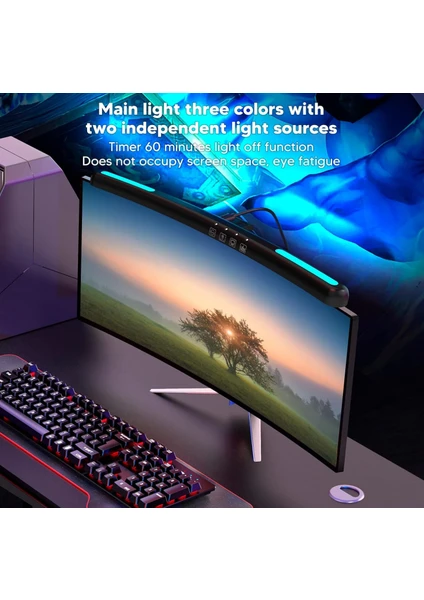Yesnıce Curved Monitörü 24-27 Inch Işık Çubuğu Led Işıklar Göz Bakımı, Masaüstü 3 Kademeli