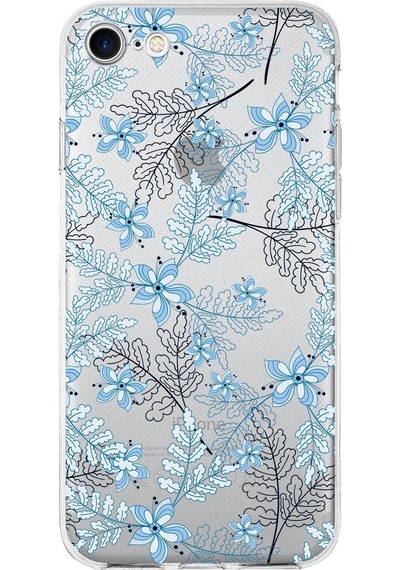 Apple Uyumlu iPhone 8  Kapak Floral Mavi Tasarımlı Şeffaf Silikon Kılıf