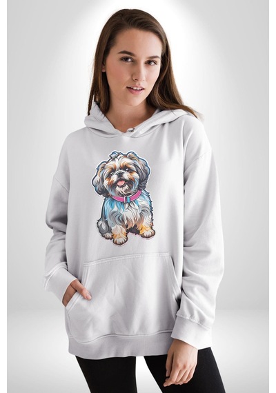 Shih Tzu Renkli Köpek Kadın Erkek Beyaz Kapüşonlu Sweatshirt Hoodie Beyaz
