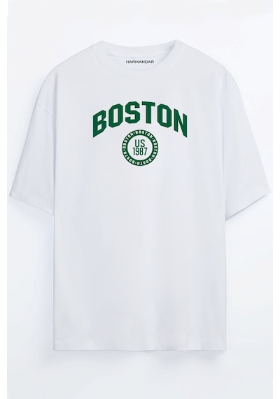 Boston Baskılı Unisex Oversize T-shirt Beyaz