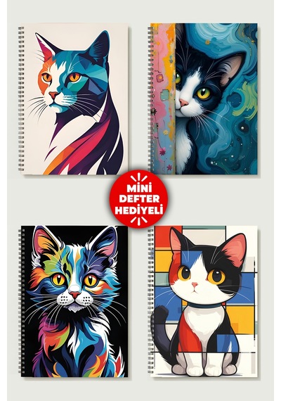 Kedi Tasarım Temalı 4'lü Set A5 Metal Spiralli 2 Ad. Çizgili- 2 Ad. Kareli Karton Kapak Kedi Tasarım Temalı 4'lü Set Defter Çok Renkli
