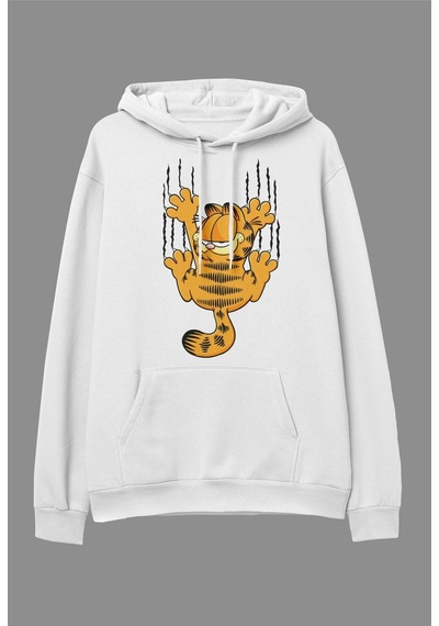 Startmore Oversize Garfield Tasarım Baskılı Kapüşonlu Sweatshirt Hoodie Beyaz Beyaz