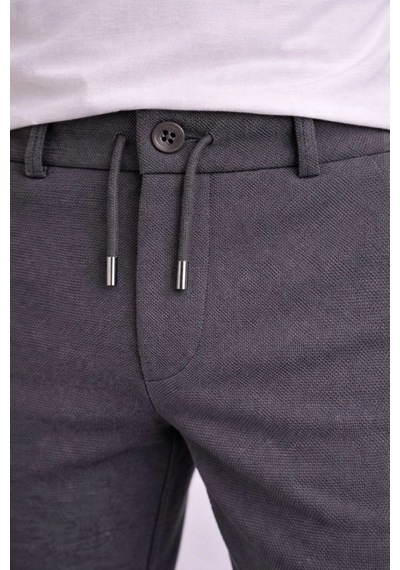 Erkek Diagonel Mikro Dokulu Duble Paça Cepli Pantolon, Modern Kesim - Füme
