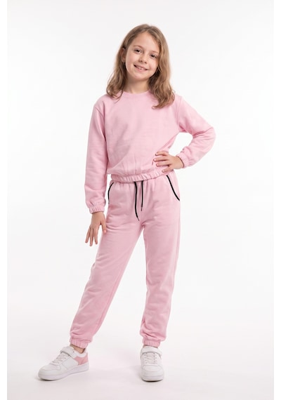 Fyk Kids Kız Çocuk Yuvarlak Yakalı Cep Biye Detaylı Düz Baskısız Paça Lastikli Alt Üst Eşofman Takımı Pembe