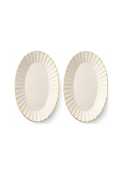 Oval Porselen Tabak Seti, Altın Kenarlı, Krem Rengi, 2'li Salata Meze Tabağı Sofra Şık Sunum Servis Kahvaltılık Atıştırmalık Çerez Seramik İnce Altın Detaylı 32x13 Çok Renkli