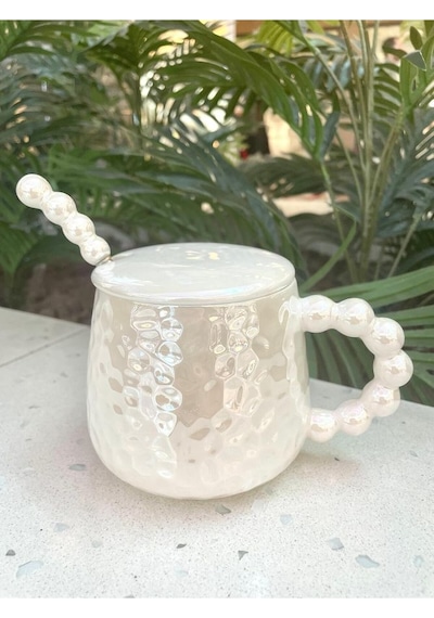 İnci Kupa Mug Beyaz-kupa Kapak Ve Kaşık