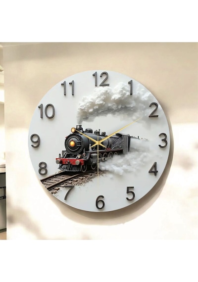 Tren Renkli Baskı Desenli Sayılı Hediyelik Ahşap Sessiz Tablo Duvar Saati 02 Renkli