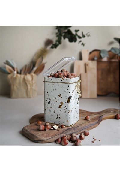 Terrazzo Cream Desenli Kilitli Kapaklı Dikdörtgen Metal Saklama Kabı 7.5 x 10 x 15 CM 1 L Çok Renkli