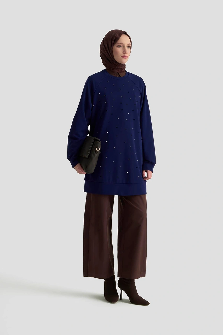 Armine Trend Önü Taş İşlemeli Tunik Saks 25kt449 Saks