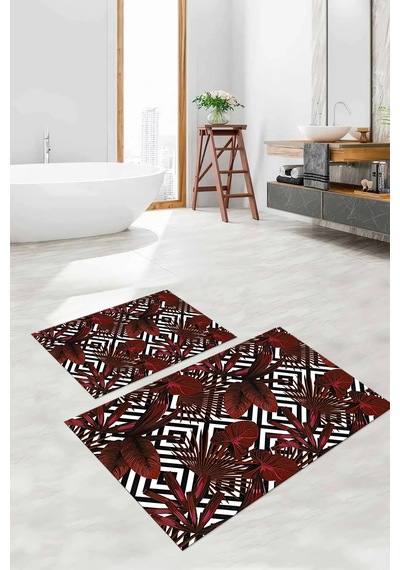 Buççin Online Mağaza Dijital Baskılı Yıkanabilir Klasik Çiçek Desenli Banyo Paspası Klozet Takımı Polyester Kırmızı Çok Renkli