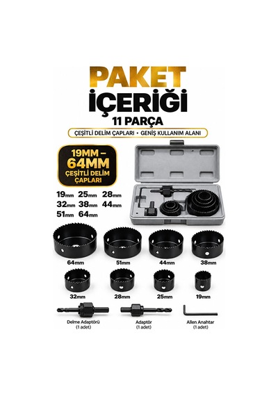 11 Li Panç Seti 19-64 Mm Çelik Delik Açma Ucu