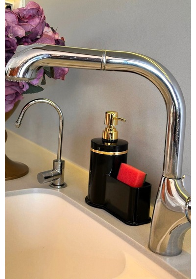 Makri Home Mutfak Veya Banyo İçin Şık Altın Rengi Detaylı Süngerlikli Sıvı Sabunluk , Yerli Üretim Siyah