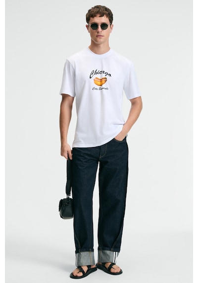 Grimelange CRISP Erkek Oversize %100 Pamuk Baskılı Yuvarlak Yaka Beyaz T-Shirt