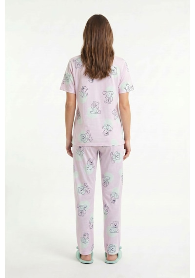 Kompedan Kadın Bisiklet Yaka Yumuşak Dokulu Ayıcık Desenli Kısa Kol Pijama Takım Pembe 70132-4680