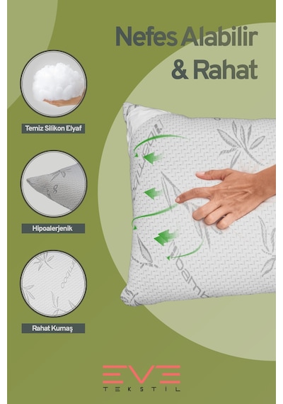 Eve Tekstil 8 Adet Bamboo Gri Serisi Kılıflı Fermuarlı Yıkanabilir Antialerjik Silikon Elyaf Yastık 50x70cm 800 Gr Gri