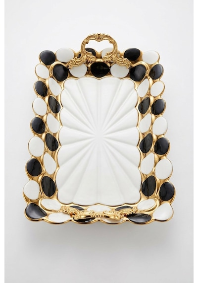 Kulplu Lüks Porselen Sunum Tepsisi 35.5x22.5 Cm Dikdörtgen Tepsi Siyah-beyaz Beyaz - Altın