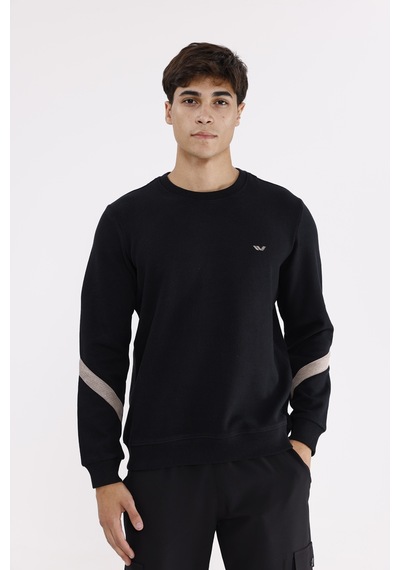 Rowinger Kol Şerit Detaylı Yuvarlak Yaka Göğüs Logolu Rahat Kalıp Mevsimlik Sweatshirt Black