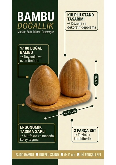 Makri Home Bambu Tuzluk & Karabiberlik Seti, Damla Tasarım, Stantlı Doğal Bambu Baharatlık Diğer