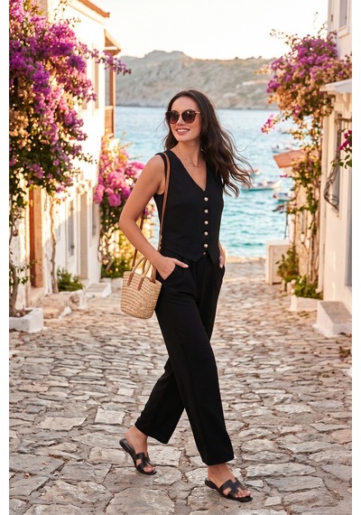Lela Regular Fit Bol Paça Yelekli Bayan Takım 67045162S4 Siyah