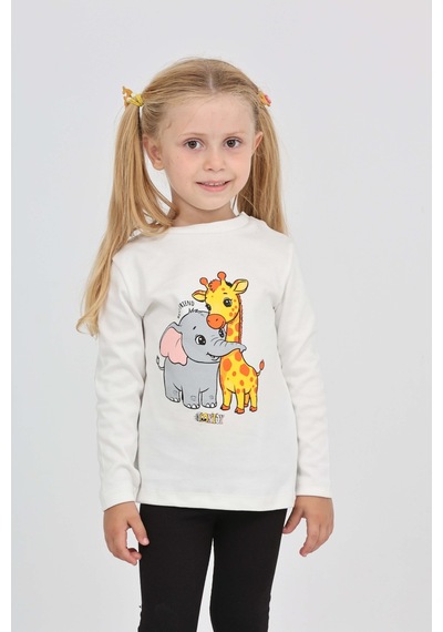 Toontoy Kız Çocuk Zürafa Fil Baskılı Sweatshirt Ekru