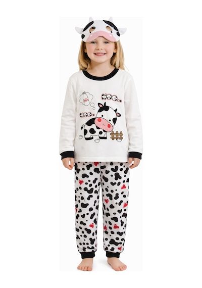 İnekli Maskeli Kız Çocuk Pijama Takımı Beyaz