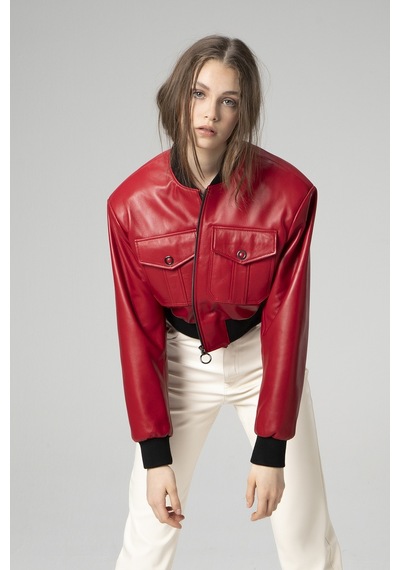 Kırmızı Dericlub Wm036 Ribanalı Gerçek Deri Crop Mont