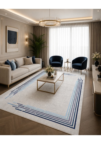 Modern Çerçeve Desen Baskılı Kaymaz Yıkanabilir Salon Oturma Odası Mutfak Balkon Halısı Yolluk Mavi