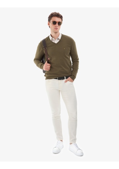 Pierre Cardin Koyu Haki Slim Fit V Yaka Basic Triko Kazak 50314190-vr111
