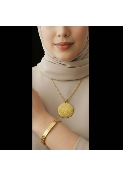 Allahlı Ayetel Kürsi Kolye Ve Ayetel Kürsi Bileklik Seti Gold Çelik İslami Takı Altın