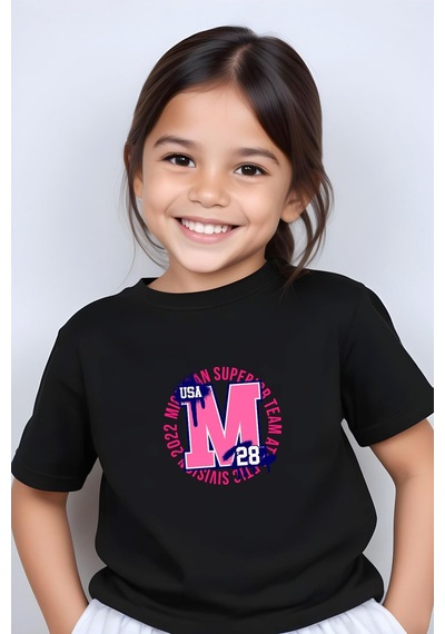 Panios Kids M 28 Baskılı Kız Çocuk Kısa Kollu T-shirt Siyah