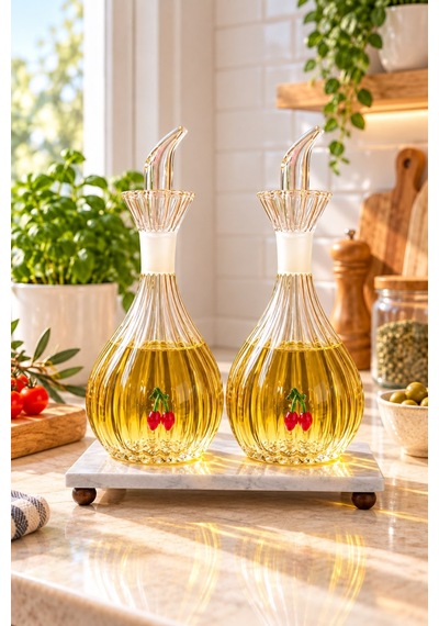 2 Adet Kirazlı 900 Ml Borosilikat Tombul Çizgili Cam Yağdanlık Ve Mermer Stantlı Yağlık Sirkelik Seti Şeffaf