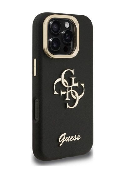 Apple iPhone 16 Pro Max Uyumlu Kılıf Guess  Lisanslı Grained Yazı Logolu Kamera Standlı Kapak Siyah