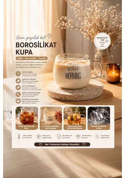 Porsima 2088 Borosilikat Isıya Ateşe Dayanıklı Cam Kulplu Çay Bardağı Kahve Bardak Kupa Şeffaf 400 Ml Şeffaf